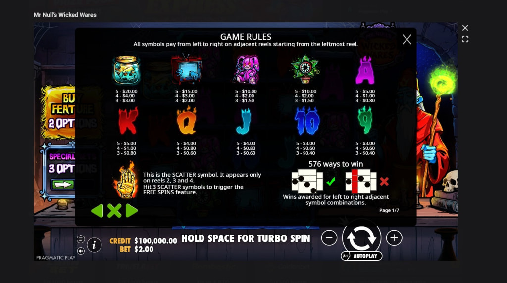 Screenshot cu tabelul de plată al slotului Mr Null’s Wicked Wares