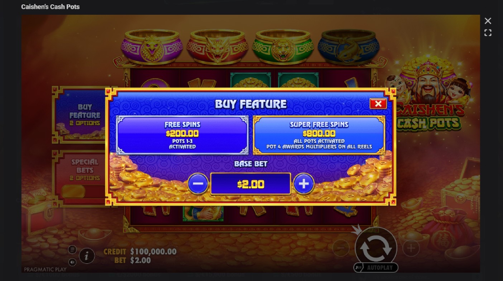 Screenshot cu funcția Bonus Buy a slotului Caishen’s Cash Pots