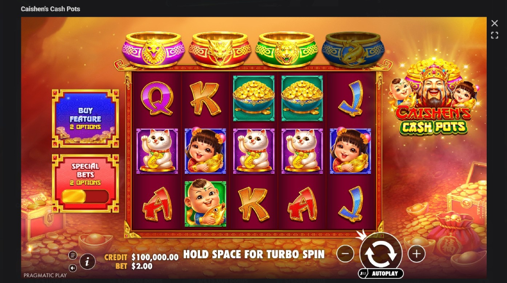 Screenshot cu noul slot Caishen’s Cash Pots dezvoltat de Pragmatic