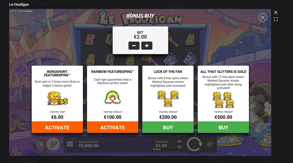 Screenshot cu funcția Bonus Buy a slotului Le Hooligan