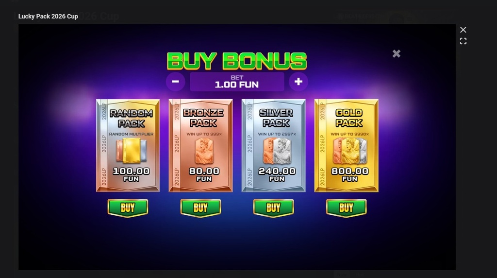 Screenshot cu funcția Bonus Buy a slotului Lucky Pack 2026 Cup