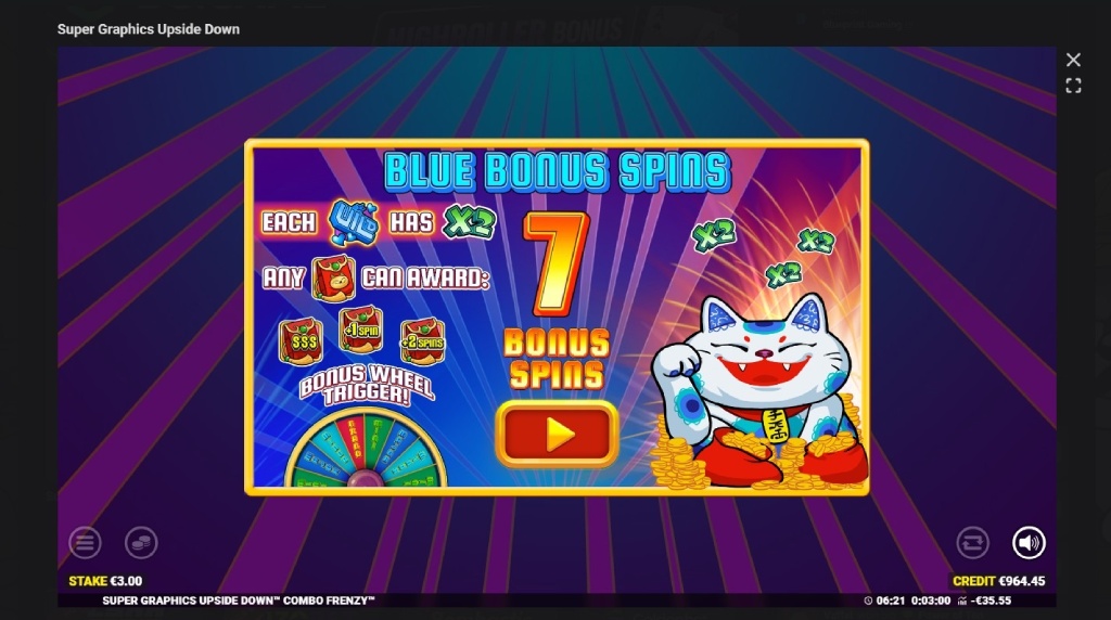 Screenshot cu activarea rundelor gratuite ale slotului Super Graphics Upside Down