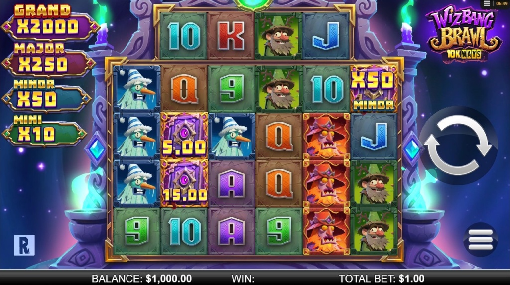 Screenshot cu noul slot Wizbang Brawl 10K Ways de la ReelPlay