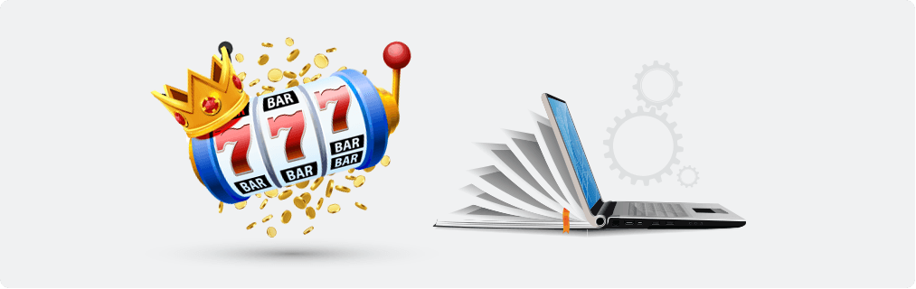 US online slots guide with a book morphing into a laptop