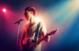 A man singing into a microphone while playing the guitar.