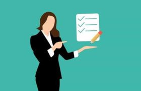 A graphic of a woman presenting a list which is displayed on a wall behind her.