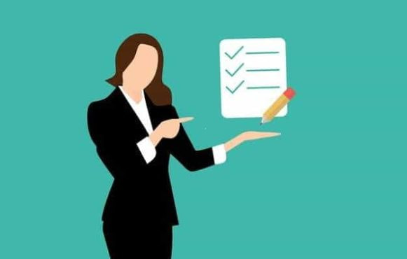 A graphic of a woman presenting a list which is displayed on a wall behind her.