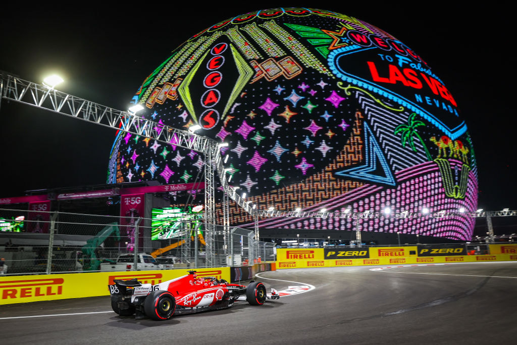 Charles Leclerc, in his Ferrari F1 car, passes the Sphere during an F1 Grand Prix of Las Vegas practice session.