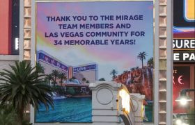 A sign outside of the Mirage thanks the Las Vegas community for its business.