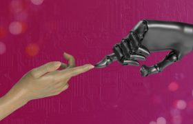 A human and robot hands touching on a burgundy background