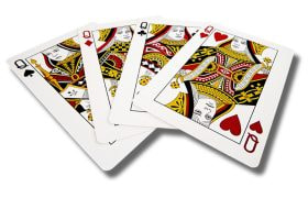 Playing cards with four queens exposed