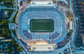 Bird's eye view of college football stadium