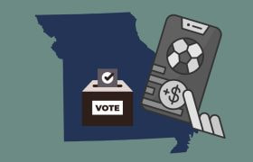 Image of Missouri state with a vote box and a phone