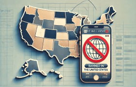 A mobile phone with Stake Casino and the US map on background.