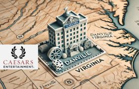 A Map of Virginia with a Danville building being branded to Caesars