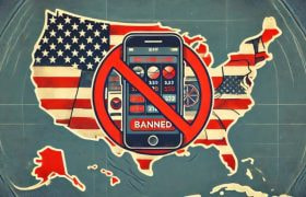 The map of the US with the American flag and a mobile app