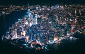 Aerial view of New York City skyline at night