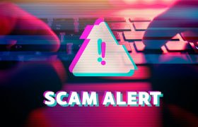 Mysterious hands typing on a computer keyboard with a warning sign and the words SCAM ALERT written across