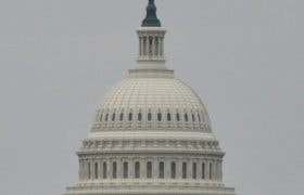 The United States Capitol dome rising over a hill.