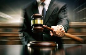 A hudge in a suit holding a hammer.