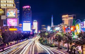 Las Vegas Strip at night, illuminated by neon lights