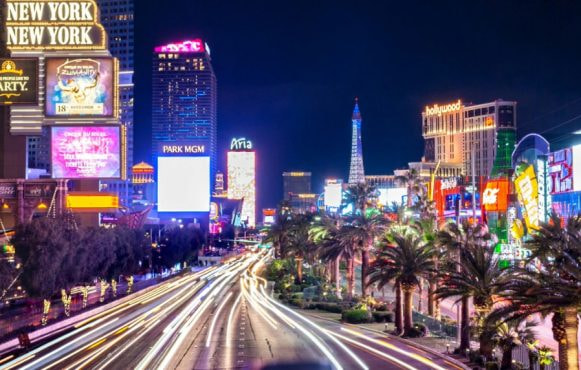 Las Vegas Strip at night, illuminated by neon lights