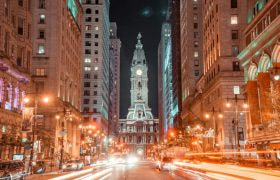 A night photo of Philadelphia, PA