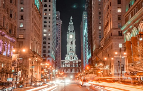 A night photo of Philadelphia, PA