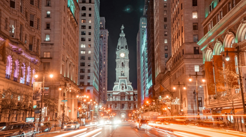 A night photo of Philadelphia, PA