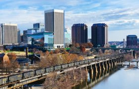 Richmond Virginia skyline with coal train in foreview