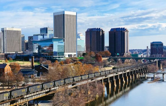 Richmond Virginia skyline with coal train in foreview