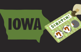 Map of Iowa and lottery scratch-off ticket