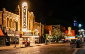 Michigan Theater marquee lit up at night