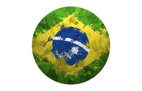 A modern version of the Brazilian flag splashed across a globe