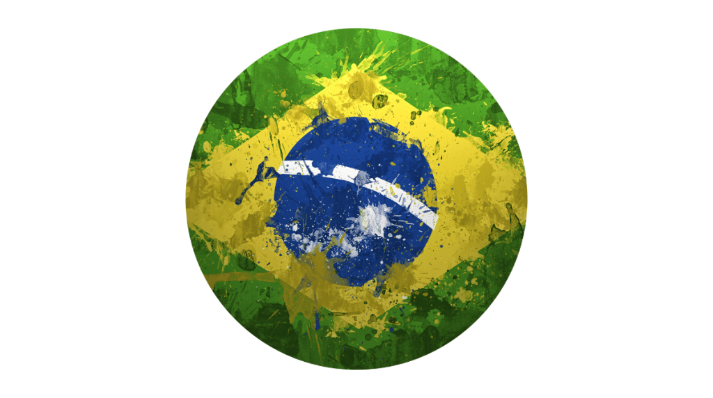 A modern version of the Brazilian flag splashed across a globe