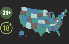 Map of the U.S. with sample ages for legal gambling
