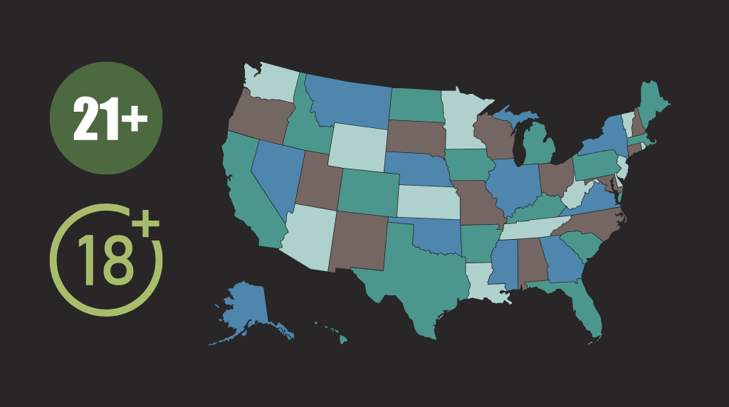 Map of the U.S. with sample ages for legal gambling