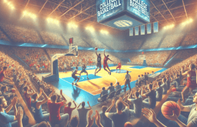 College basketball match in action.