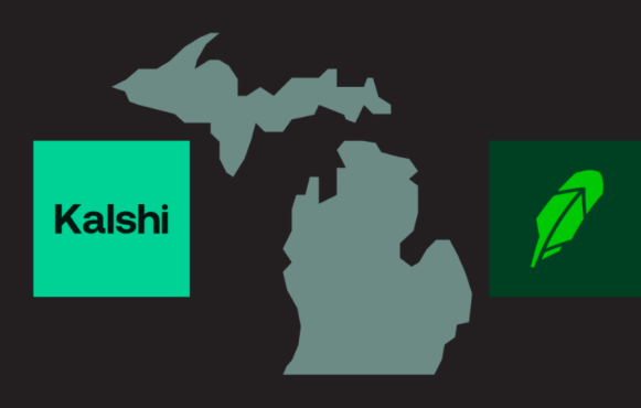 Michigan map and Kalshi and Robinhood logos