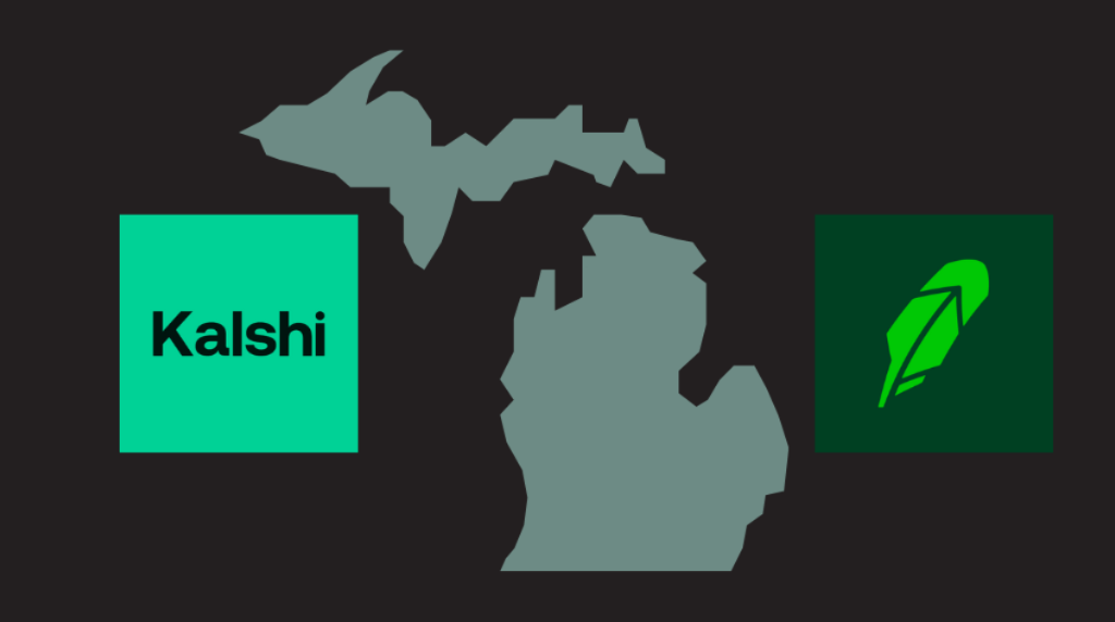 Michigan map and Kalshi and Robinhood logos