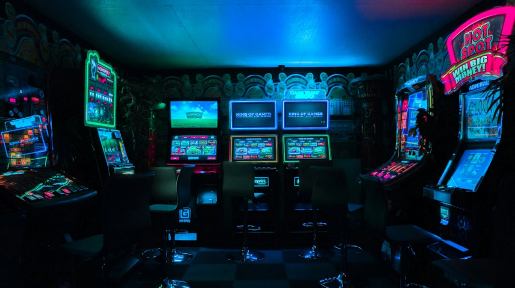 Underground slot machines waiting for patrons.
