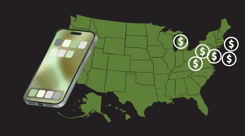 Map of the United States with pins in states that offer online casinos