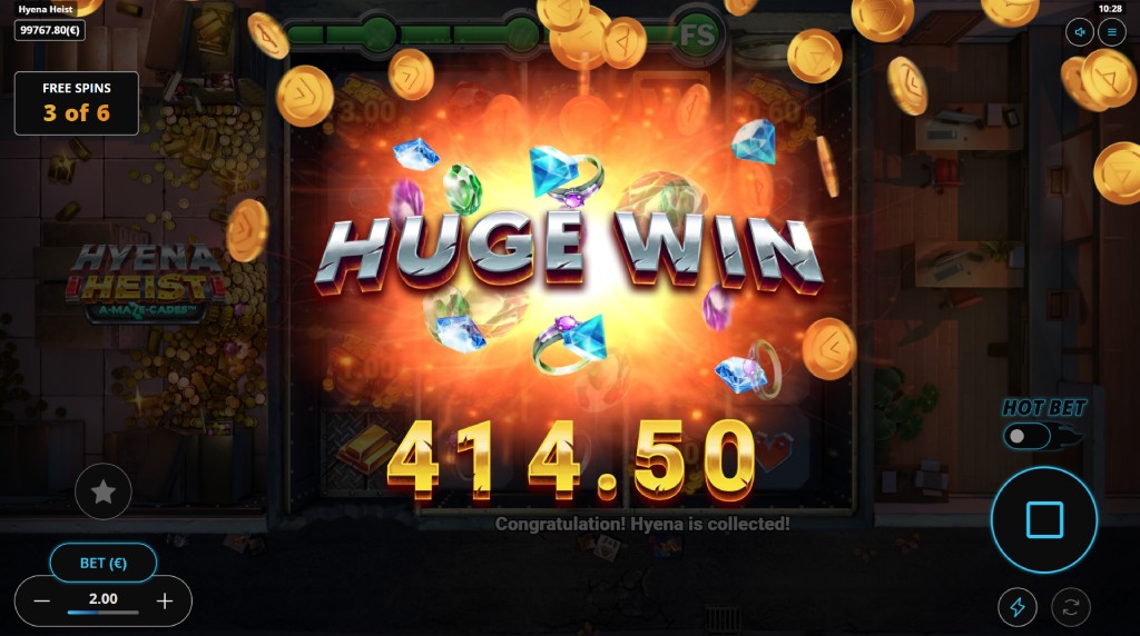 Screenshot of a huge win during the free spins feature of Hyena Heist