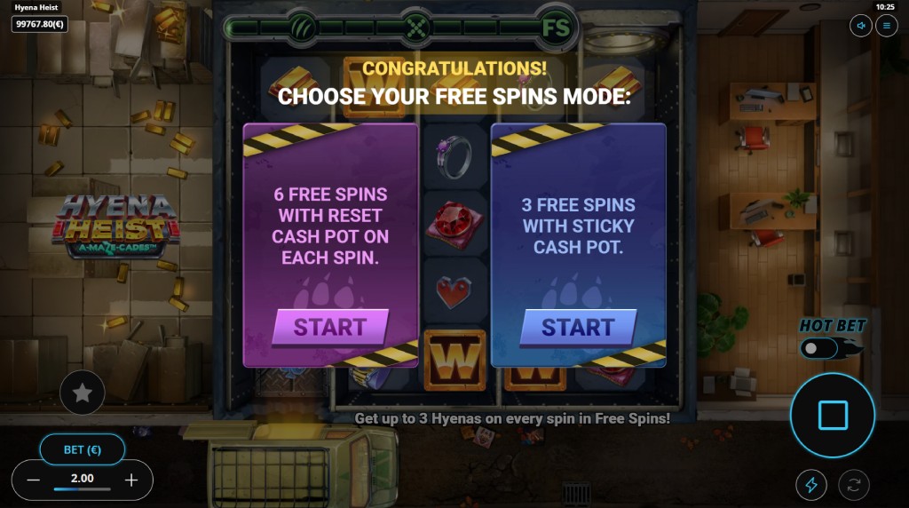 Screenshot of the free spins feature of Hyena Heist