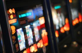 A row of slot machines.