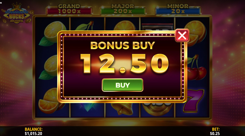 Screenshot of the Bonus Buy Feature of Brilliant Bucks Hold & Win