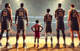 A short NBA player next to tall NBA players.