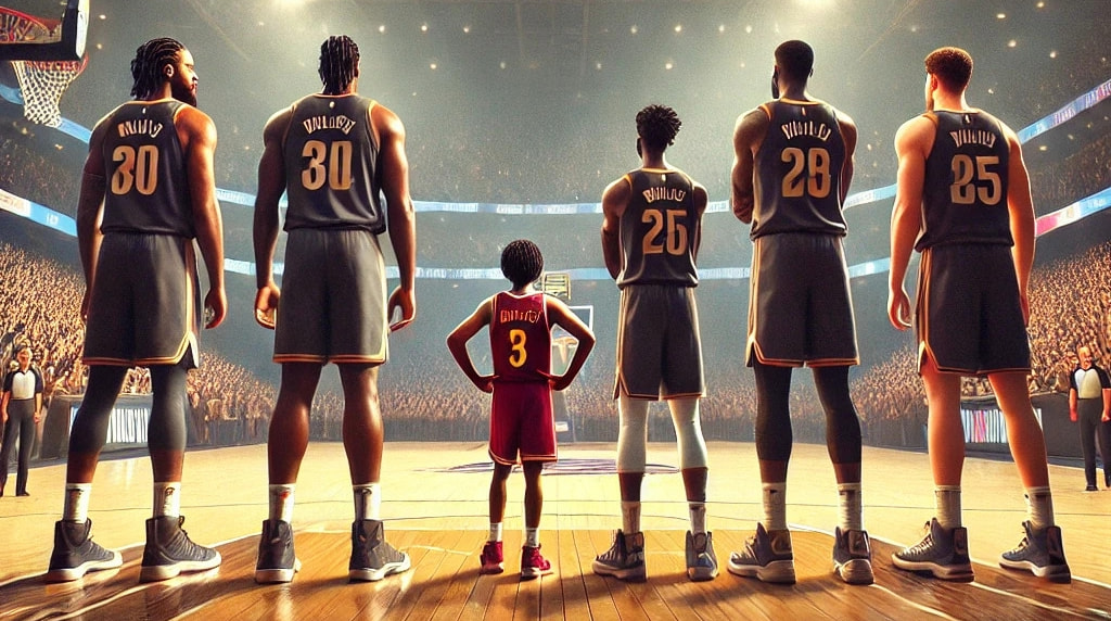 A short NBA player next to tall NBA players.