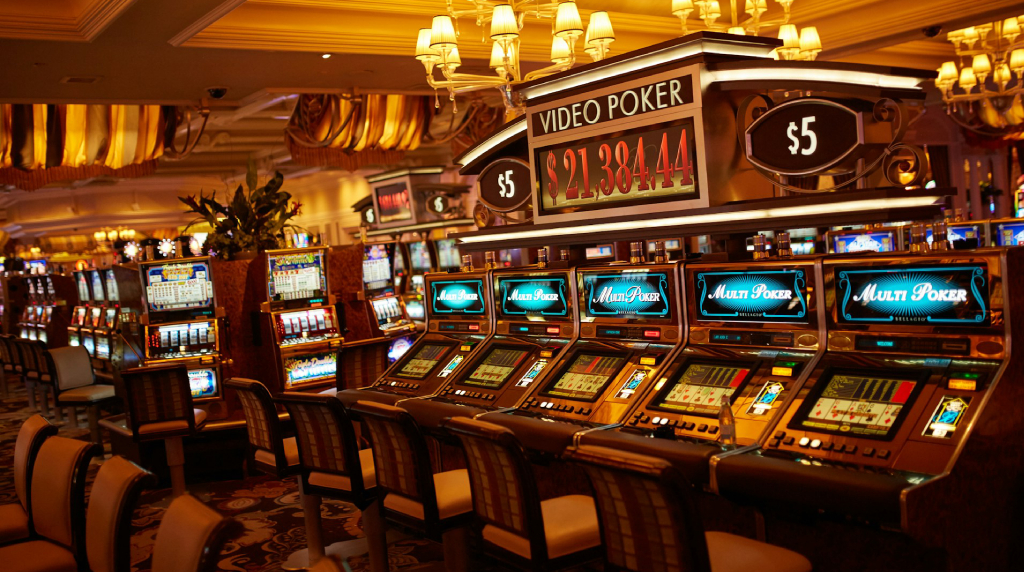 Flashing neon video poker room inside casino