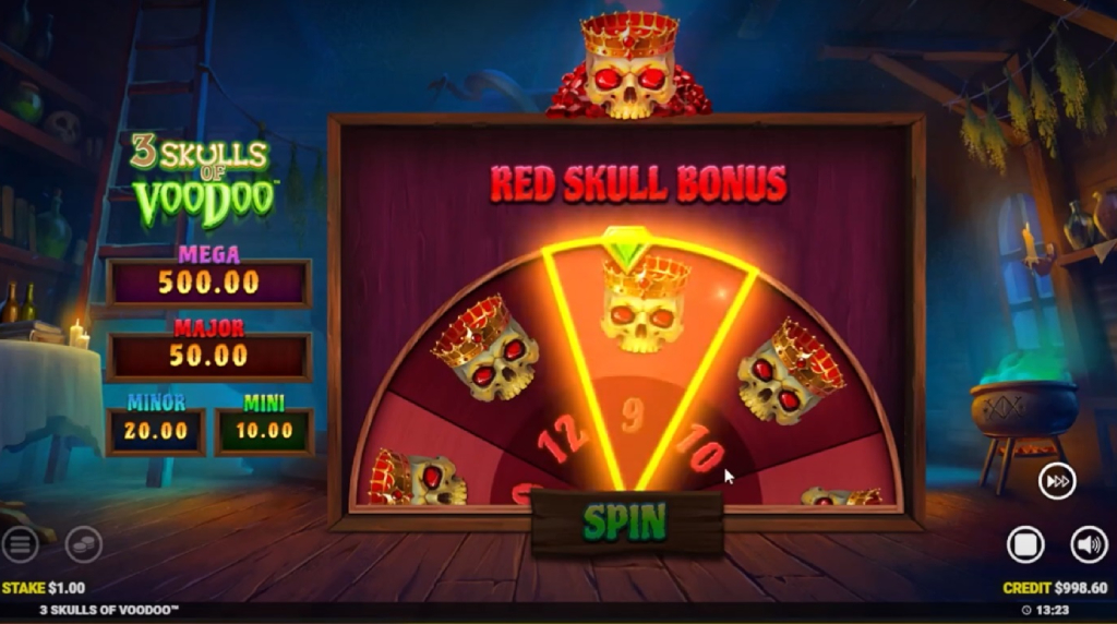 Screenshot of the winning the free spins bonus of 3 Skulls of Voodoo